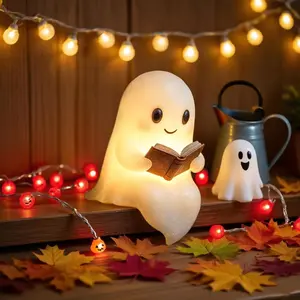 Cute Ghost Reading Book Lamp, Cute Halloween Ghost Night Light, Light up Ghosts Halloween Decorations for Indoor Home Table Centerpiece Bedroom Shelf Readers (6 Inch)
