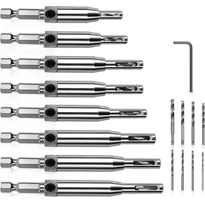 Self Centering Hinge Tapper Core Drill Bit Set for Woodworking, Adjustable Door Window Drill Bits with 1 Hex Key & 8 Replacement Drill Bits (5/64-1/4 Inches), 16 count