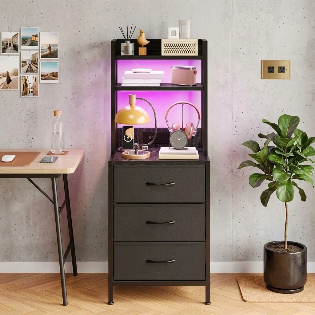 Tall LED Nightstand with 3 PU Fabric Drawers, 41 Inch Bedside Table Bookshelf Combo, Built-in Charging Station with USB Port and Power Socket, Multifunctional Storage Cabinet for Bedroom Office Home Decor, Multiple Color Options