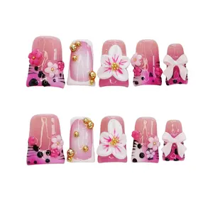 Luxury Press on Nails Short Duck Handmade 3D Unique Reusable ABS Material Fake Nails Pink French Tip False Nails with Designs Bow Flower Cow Print Glossy Glue on Nail Thick Acrylic Nail(M)