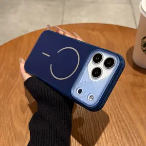 Navy Blue Mecha-Style Magnetic Phone Case, Premium and Minimalist Fashion Dopamine Color Cover, Unisex, Compatible with iPhone 17/16/15/14/13/12 Pro Max