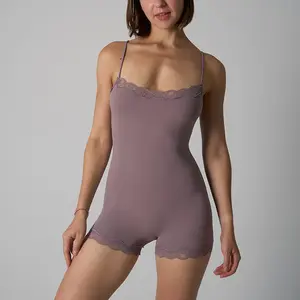 NewSpaghetti Strap Long Jumpsuit & Square Neck Short Romper Cami Bodysuit One Piece Lace Trim Shapewear for Women
