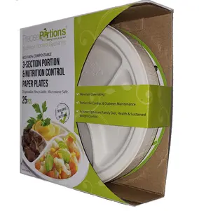 Precise Portions Compostable Starter Plates, 3-Section Disposable Dinnerware Plates