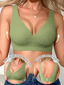 Lace wireless jelly soft support bra, V-neck wavy lace trim + beautiful back design, seamless and breathable without sweat, 3D push up without empty cups, non-slip and stable, perfect for daily, party and sports! Elegant Underwear Lady