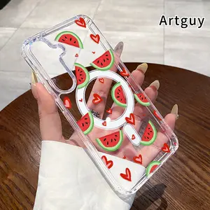 Magnetic Phone Case Supports Wireless Charging for  Samsung Galaxy S23 Ultra S24 Plus FE S25 S22+ Watermelon Love Pattern Non-Yellowing Silicone Transparent Acrylic Large Hole Drop Protective Cover