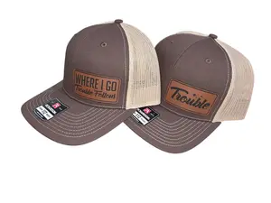 Trouble Follows Where I Go Trucker Hat with Brown Leather Patch on a Richardson Trucker Hat