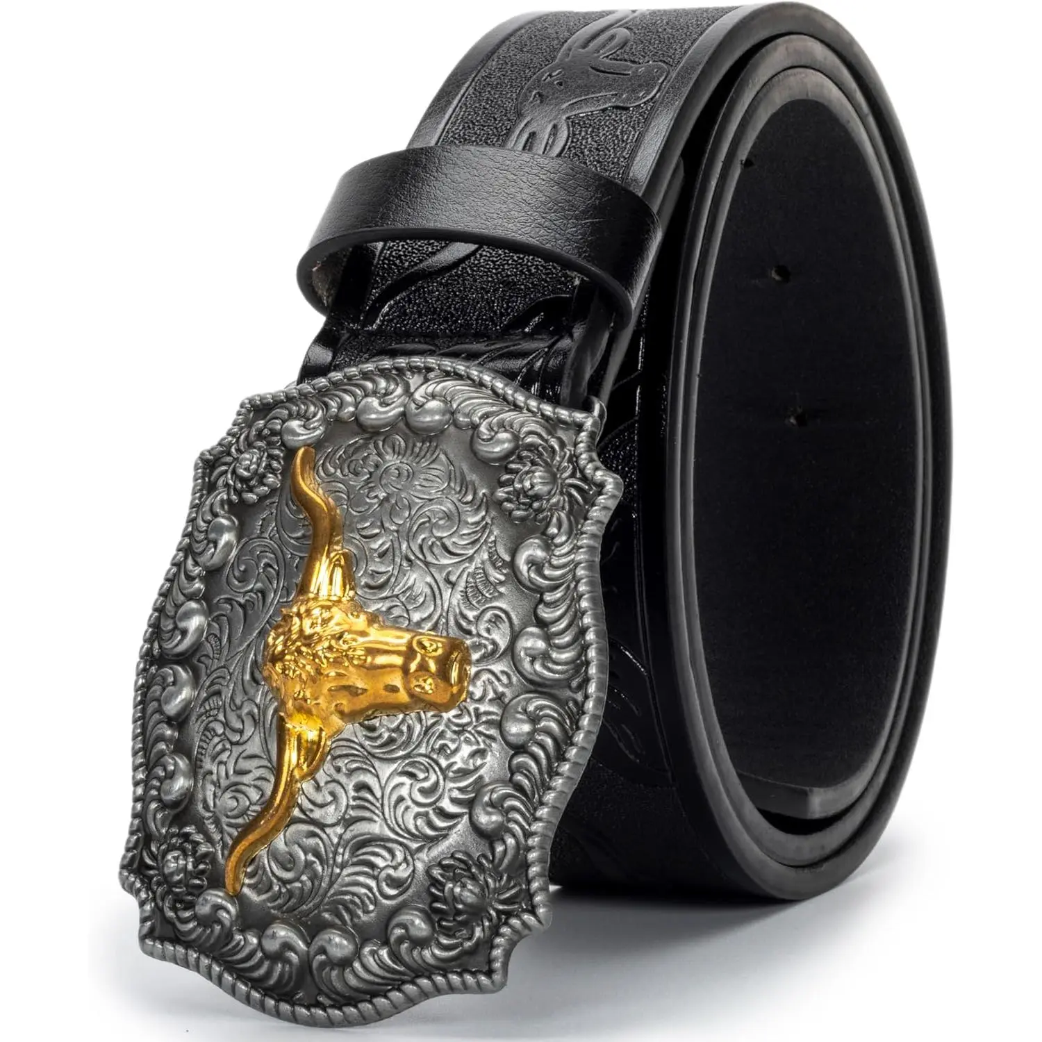 Classic Western Belt for Men & Women, Floral Embossed PU Leather with Engraved Bull Buckle for Jeans, Fits 25-38 Inch Waist, Classic Belt