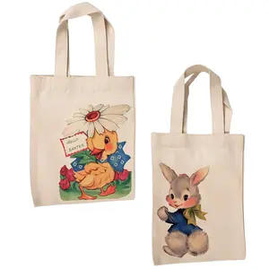 Set/2 Spring Bunny Duck Easter Egg Hunt Retro Canvas Gift Travel Tote Bags