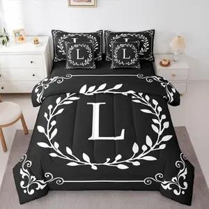 Initial Letter L Comforter Set with Sheets Black And White 7 Piece Bedding Set,Boho Floral Leaves Bed In A Bag Personalized Gifts For Adult Women /Men /Teen Girls/ Frends Flower Retro Bed Set