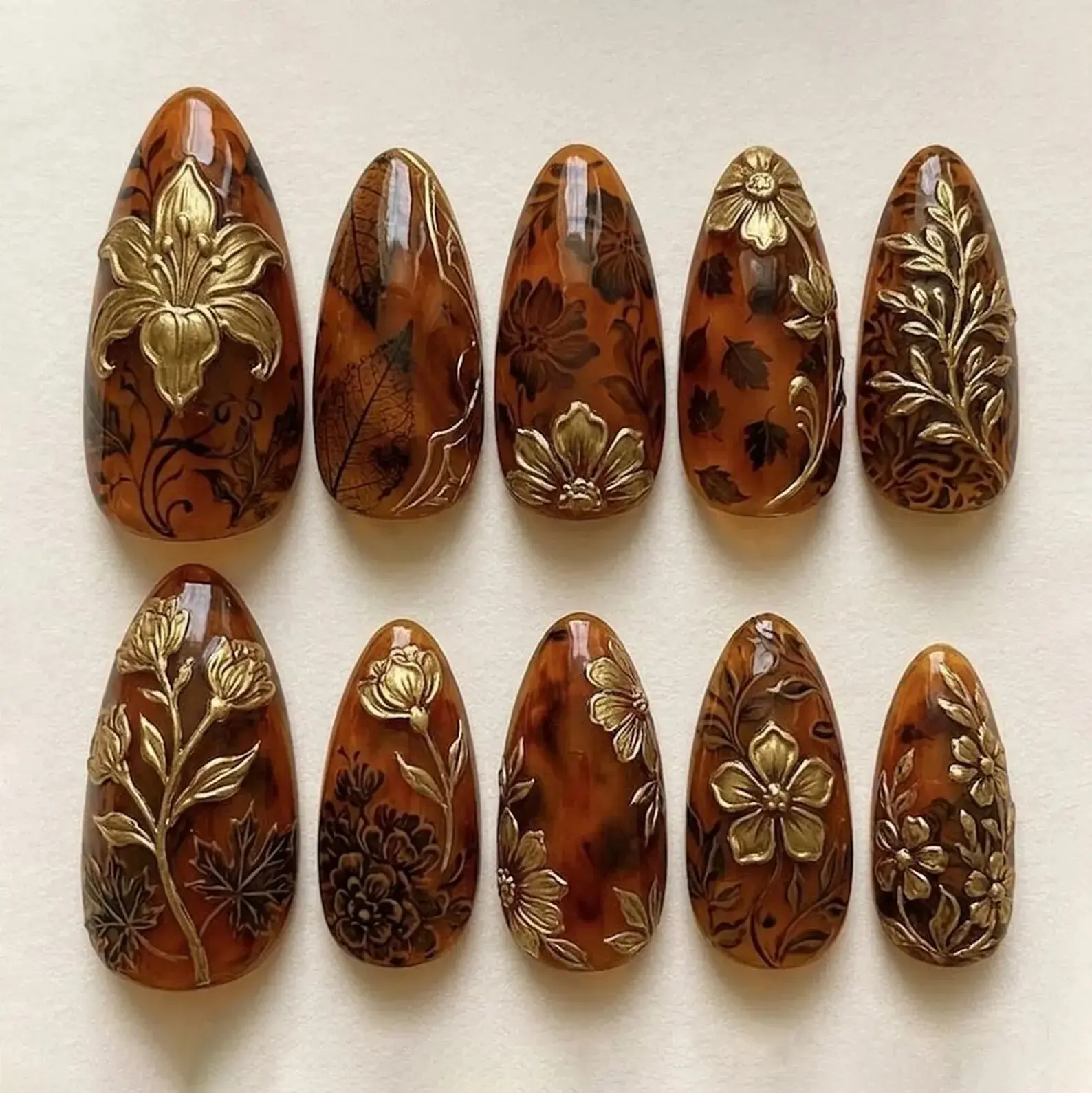 Handmade Antique Floral Press On Nails | Gold Botanical Embossed Art & Amber Aura Detail | Luxury Fall Inspired Nail