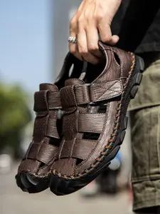 Men's Casual Cut Out Design Velcro Sandals, Flexible Sandals, Fashionable Round Toe Sandals for Beach, Outdoor Beach Shoes for Men