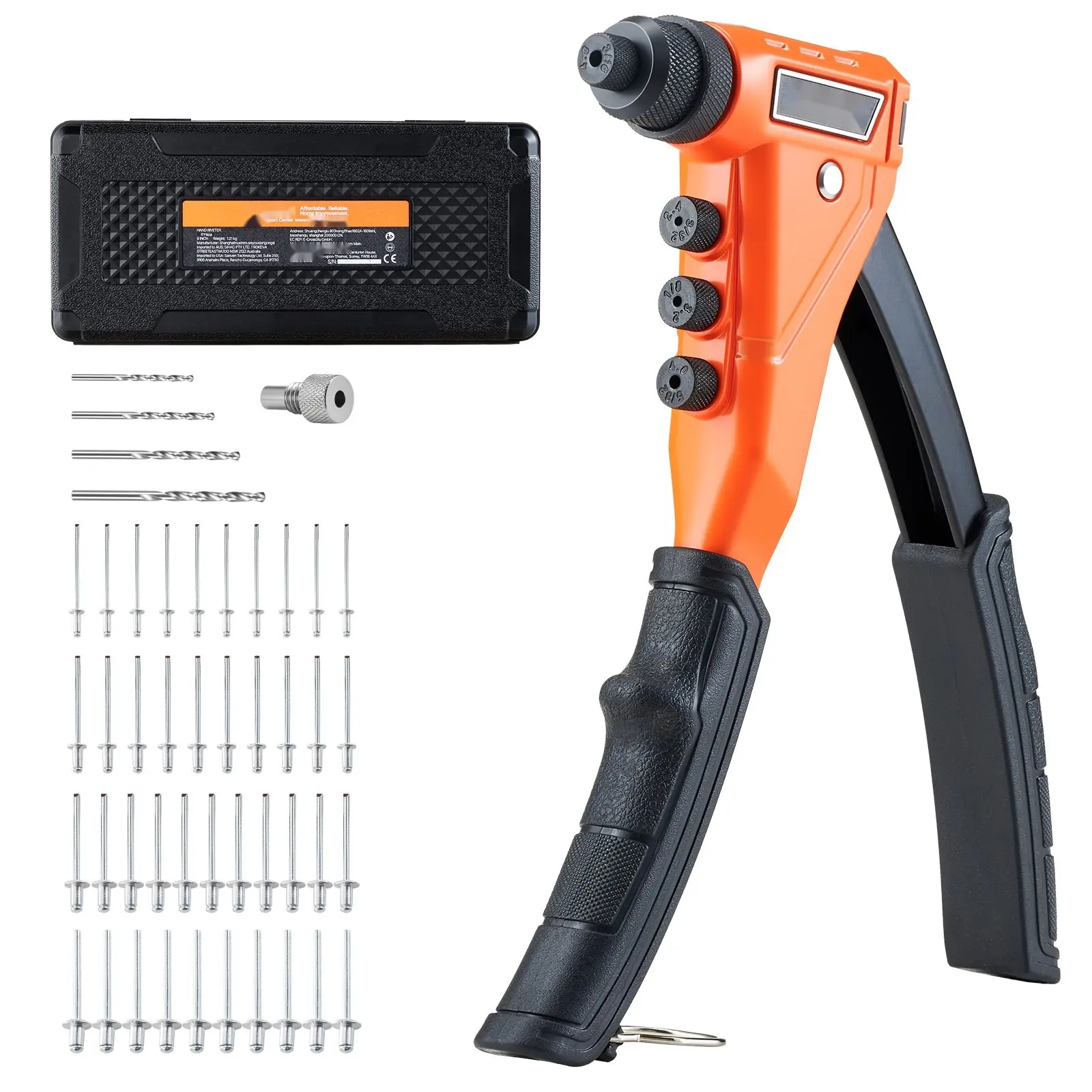 Pop Rivet Gun Kit With 200 Blind Rivets, Heavy Duty One-Hand Riveter Featuring 4 Interchangeable Nosepieces, 4 Drill Bits, And A Carrying Case, Manual Riveting Tool For Metal, Automotive, Home Improvement