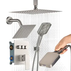 summervibes 12-Inch Ceiling-Mount Rain Shower System, 6-Inch Wall-Mount Head, 4-in-1 Handheld Spray, 3-Function Rotatable Dual Rain Showerhead, Brass Valve Trim Kit, Brushed Nickel