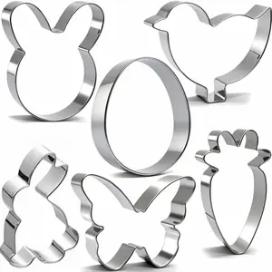 6pcs Cookie Cutters for Kids, 4'' Bunny Head, Egg, Chicken, Rabbit, Carrot, Butterfly Shapes, Metal Biscuit Molds for Easter Baking, Baking Tools, Stainless Steel