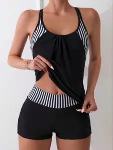 Women's Two-Piece Swimsuit Set, Tankini Top Bottoms, Stylish High-Waisted Swimwear, Comfortable Beach & Pool Wear, Fashionable Design for Summer, Tankini With Shorts