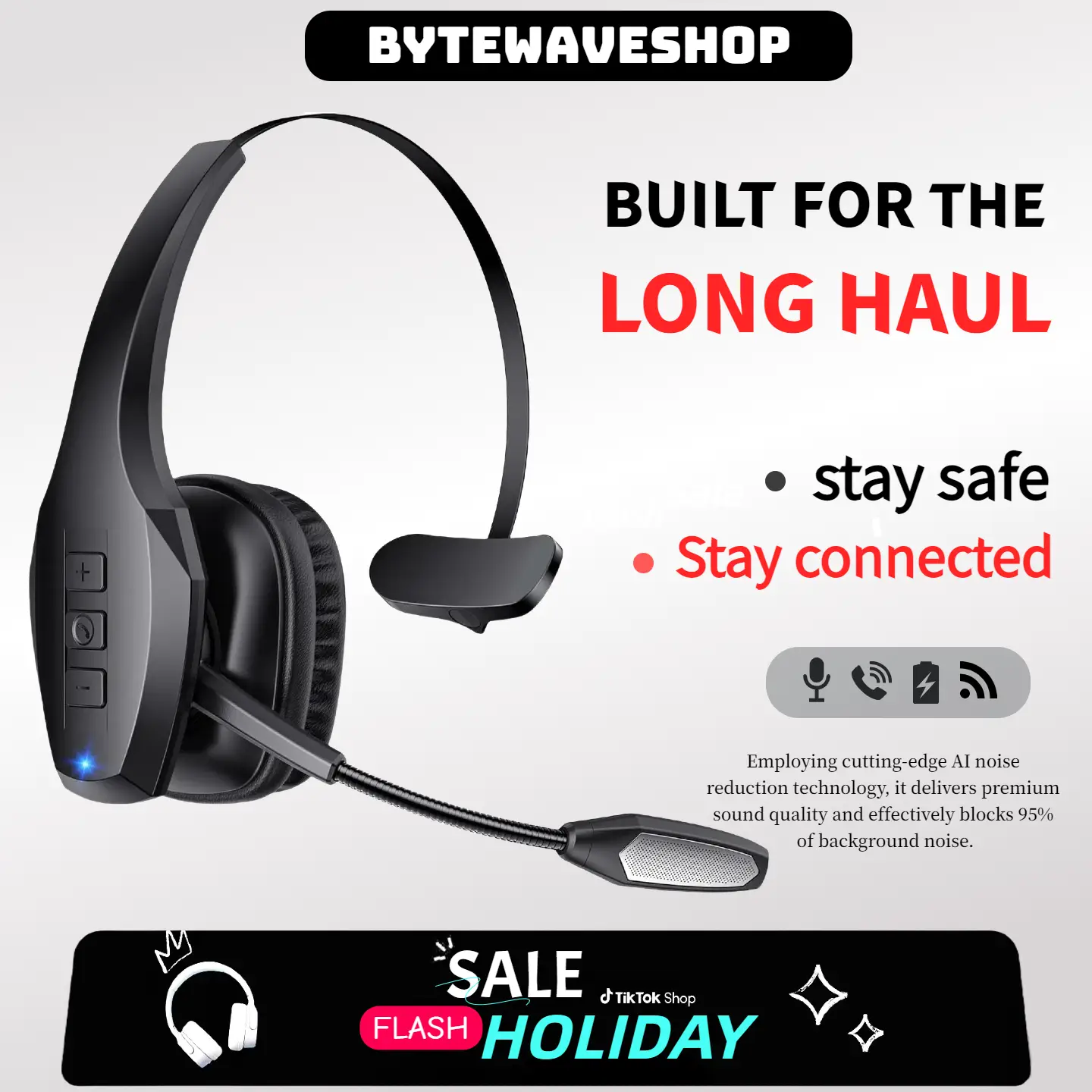 Bytewaveshop Trucker Bluetooth Headset, Wireless with Mic,Bluetooth Headset with Dual Noise Cancelling Microphone & Mute Button, 55Hrs Working Time P