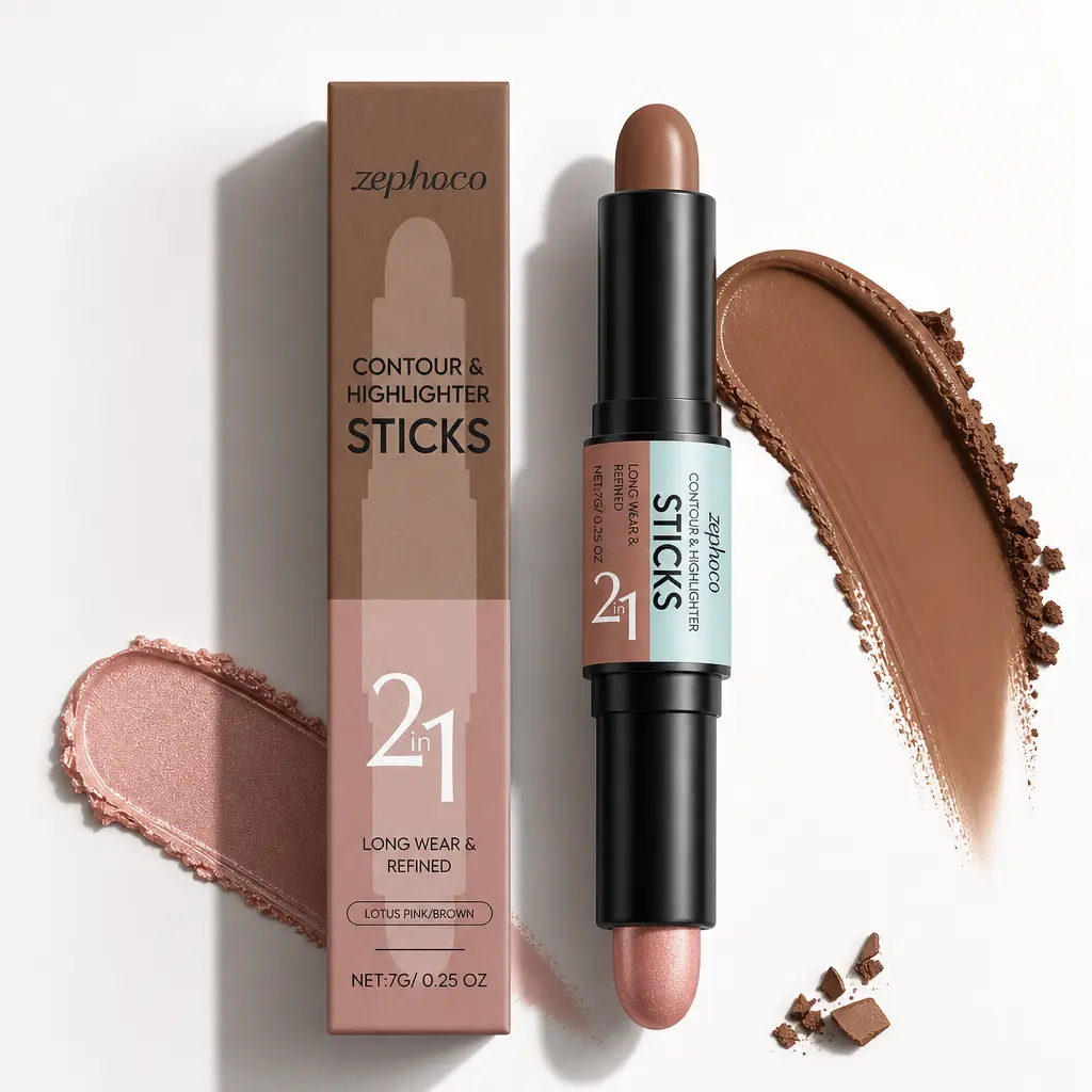 2-in-1 Compact Double-Ended Contour & Highlighter Stick, Smooth Cream Makeup for Daily Face Sculpting & Natural Glow