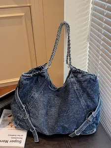 Women's Denim Shoulder Bag Large Capacity Chain Strap Crossbody Bag Casual Student Commuter Handbag for Fall Winter Daily Use Crossbody Tote Denim Crossbody Bags