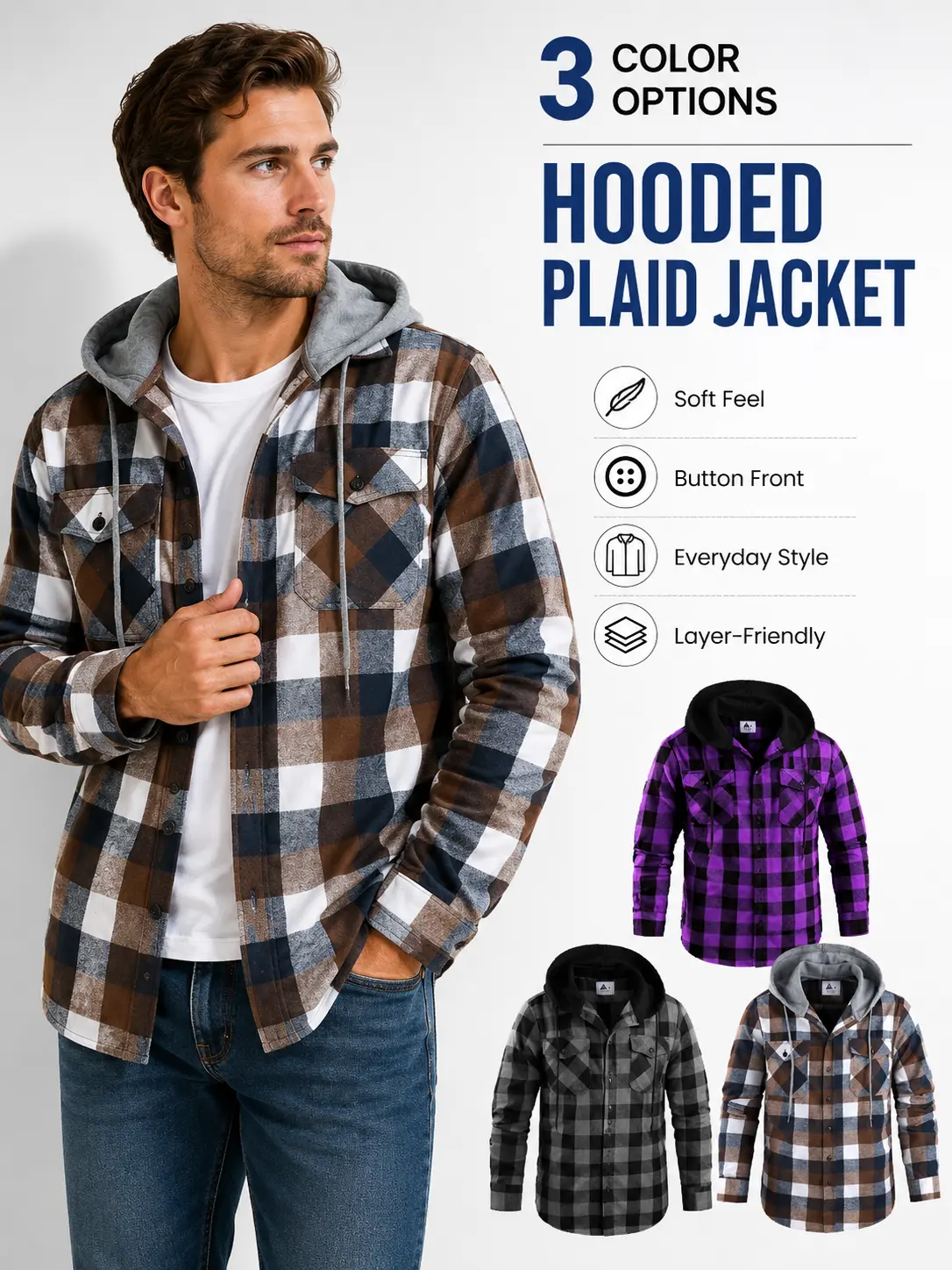 ZITY Men's Oversized Checked Plaid Hoodie - Long-Sleeve Button-Front Flannel Pullover, Breathable Wetsuit-Soft Daily Casual Wear Ready, Tight Pockets, Easy No-Bulk Layering, Spring Gifts for Him Streetwear Classic