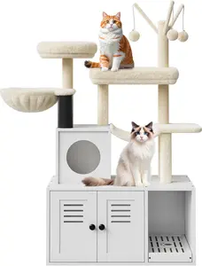 All-in-1 Modern Space-Saver Wooden Cat Tree with Litter Box Enclosure, Indoor Condo, Scratching Post, Dangling Balls, Cat Basket and Top Perch