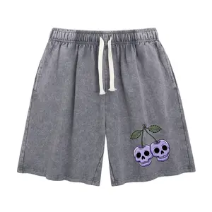 HarlyLand Women's Acid Washed "Skull Cherry" Graphic Shorts Casual Loose Fit Drawstring Shorts with Pockets for Summer Beach, Travel, Lounge, and Daily Wear