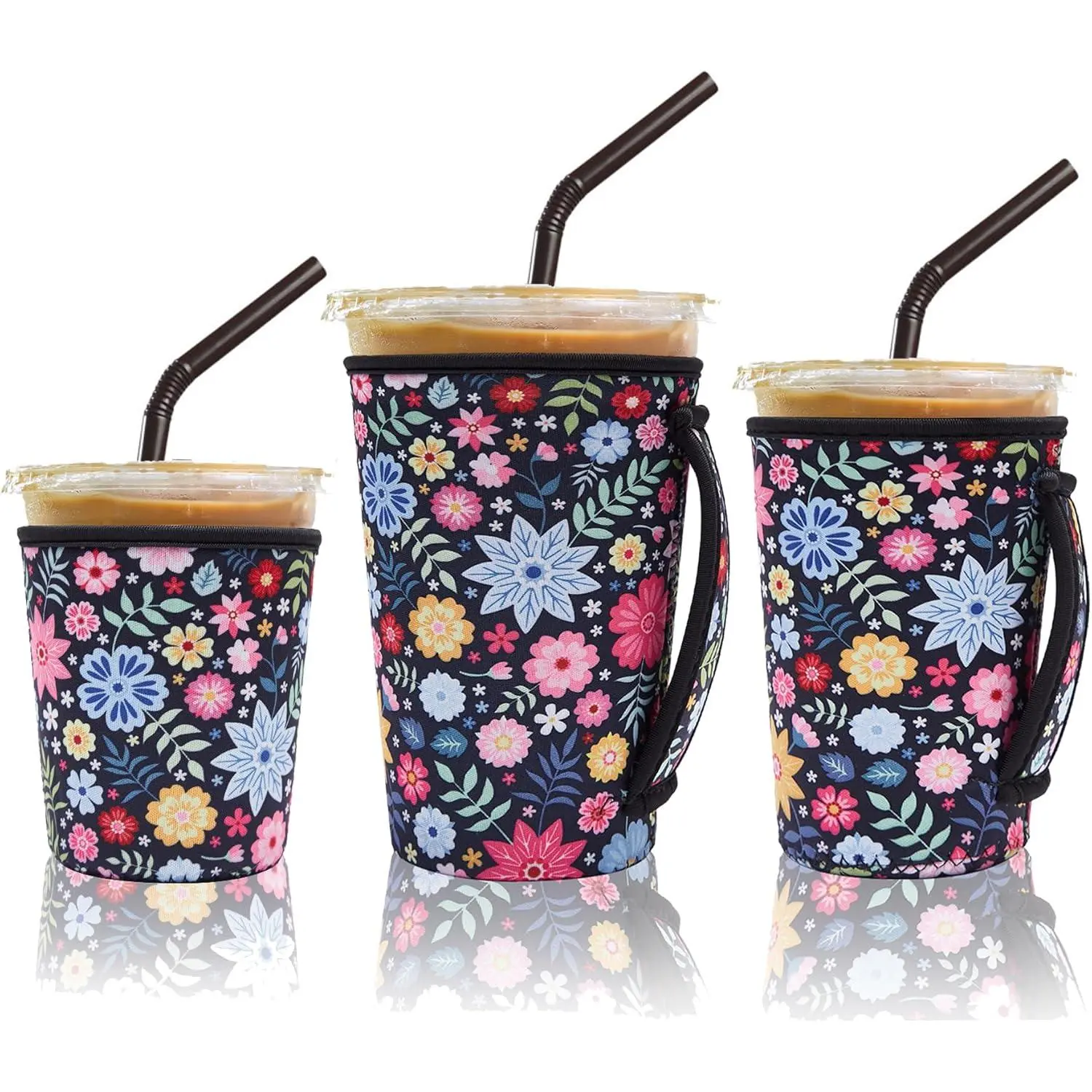 3 Pack Iced Coffee Sleeve Insulator Sleeves for Cold Drinks Beverages  Neoprene Cup Sleeve with Handle Cup Holder for  Coffee, Dunkin Coffee, More (Black flower)