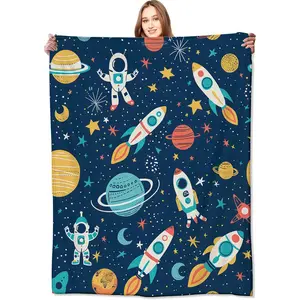Space Adventure Blanket Cute Fun Rocket, Astronaut, and Planet Throw Blankets,Birthday Gifts for Girls Boys,Lightweight Soft Fleece for Sofa Couch Bed Room Travel Stylish Decor 50x60in