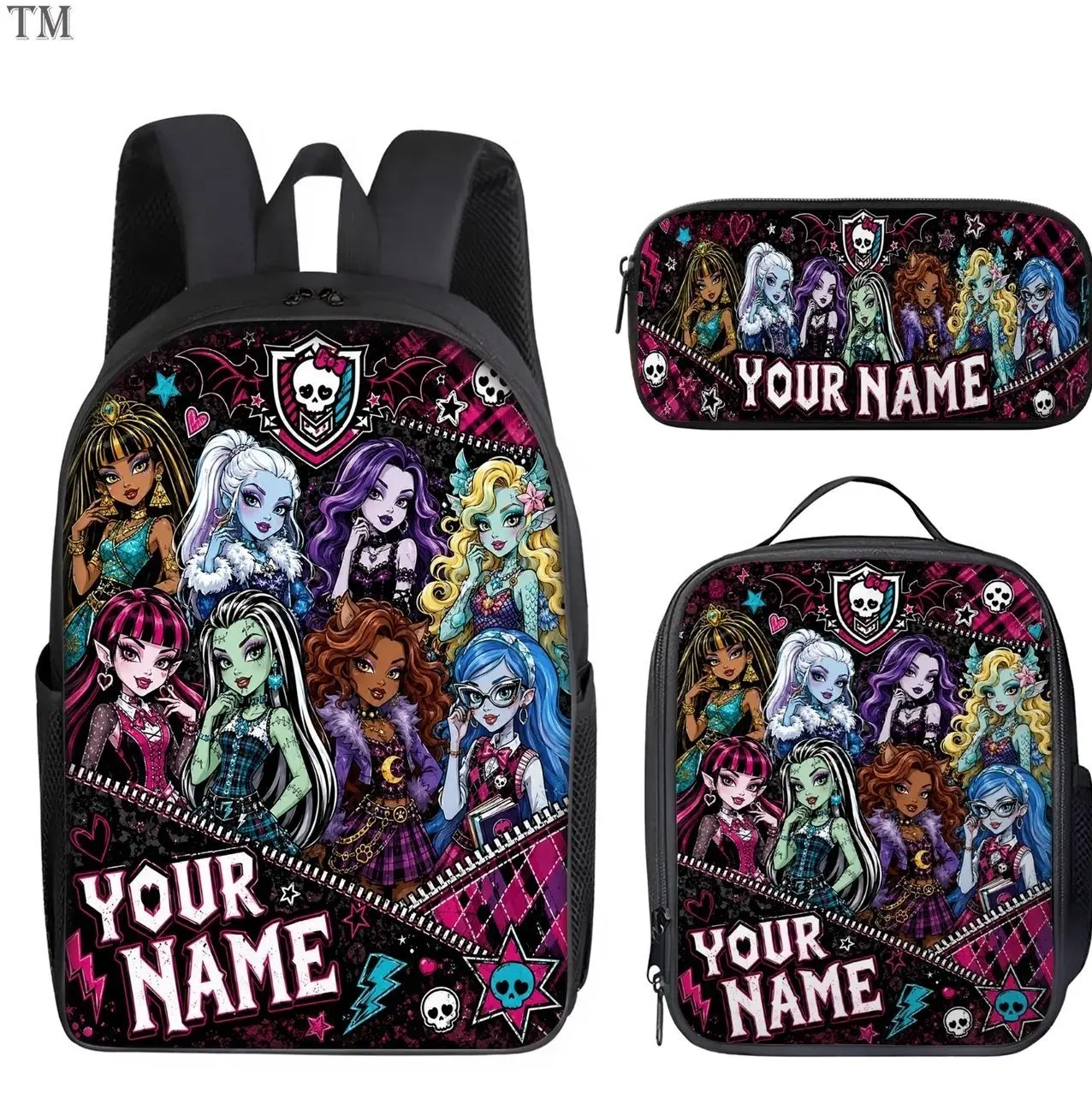 Custom Name Gothic Girls Backpack Set, 3 Piece School Bag & Lunch Bag Pencil Case