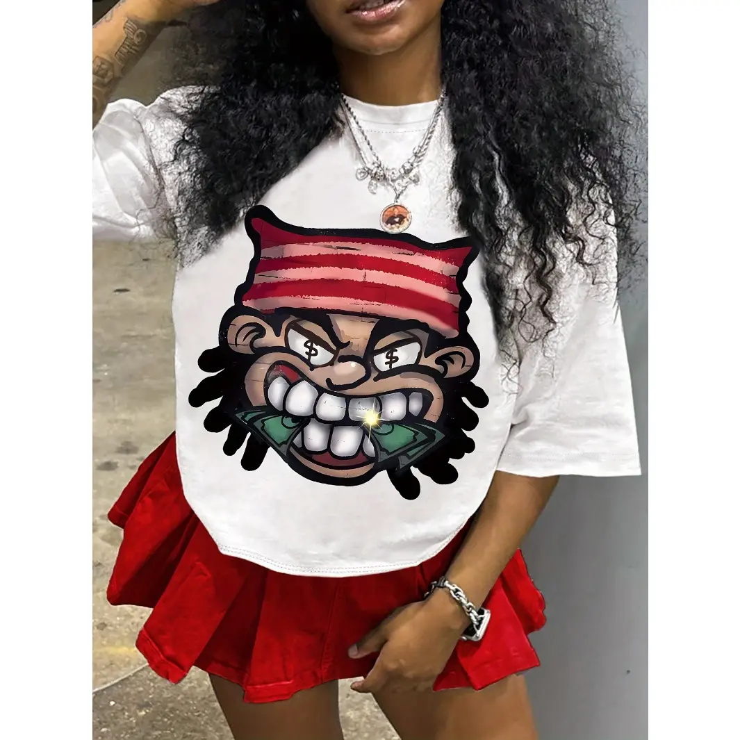 Womens Cotton Short Sleeve Graphic Tee Cute Cartoon Money Face Print Streetwear Y2K Top Casual Summer Outfit Concert Festival Vacation Everyday T Shirt