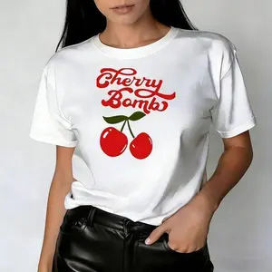 S-5XL Classic Crewneck T-Shirt Cherry Bomb Printed for Women Short Sleeve Basic Solid Color Casual Tee