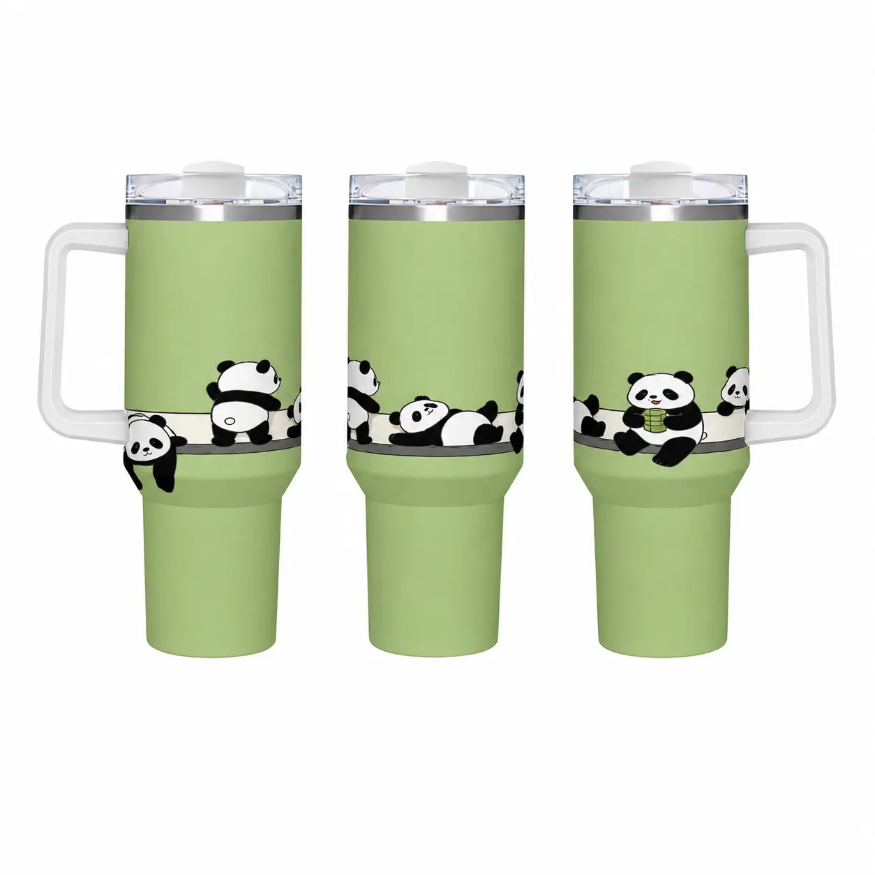 40oz Stainless Steel Insulated Tumbler with Handle & Straw - Sage Green, Cute Cartoon Panda Wrap-Around Print, Leakproof Portable Water Bottle for Beverage Hydration, Ideal for Panda Lovers Daily Use
