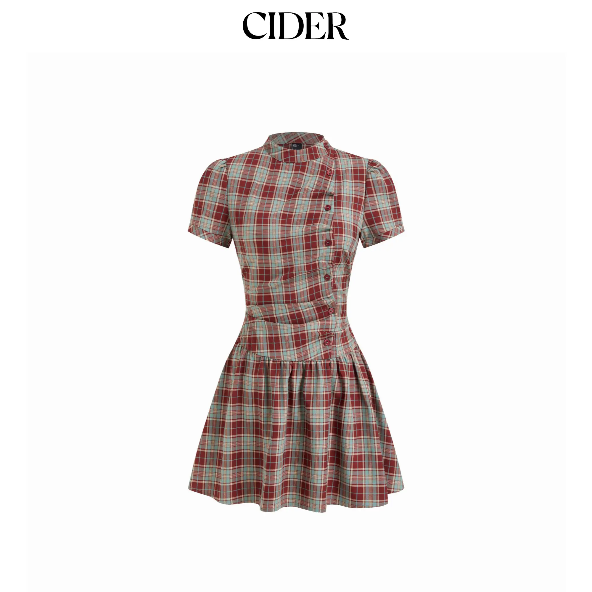 Cider Plaid Stand Collar Puff Sleeve Tie Back Button Mini Dress