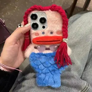 Plush Fur Mermaid Phone Case for iPhone 15 14 13 12 Pro Max 15pro 11 Warm Soft Furry Cover Girls Doll Protection Case Screen Protector - Smartphone Red Protective Cellphone Casing Shockproof