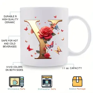 BPA Free Eleven Ounce Ceramic Mug Featuring Alphabet and Floral Pattern Suitable for Multiple Celebrations