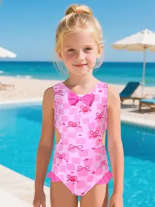 Girls' One-Piece Backless Swimsuit, Sleeveless Bow Print Swimwear, Cute Beach Bathing Suit, Swimwear Bathing Suits, Perfect for Beach and Holiday Wear
