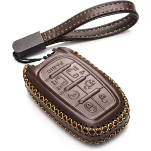 Genuine Leather Smart Key Fob Case Cover Protector with Leather Key Clap Compatible for Chrysler Pacifica 2017 - 2026 (7-Button, Brown)