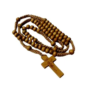Wood Beads Cross Rosary Necklace Bead Chain Pendant Ornaments