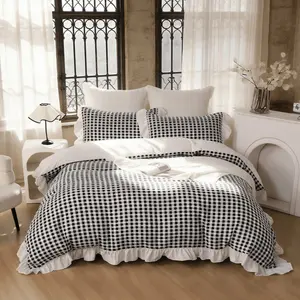Cottagecore Gingham‑Ruffled Themed Bedding Set, 3pcs No Filling – Secure Corner Ties + Smooth Zipper Duvet Cover Set, Machine‑Washable, Perfect for Daily Bedroom Use, Holiday Guest Room, French‑Style AirBnB, Teen Girls Dorm