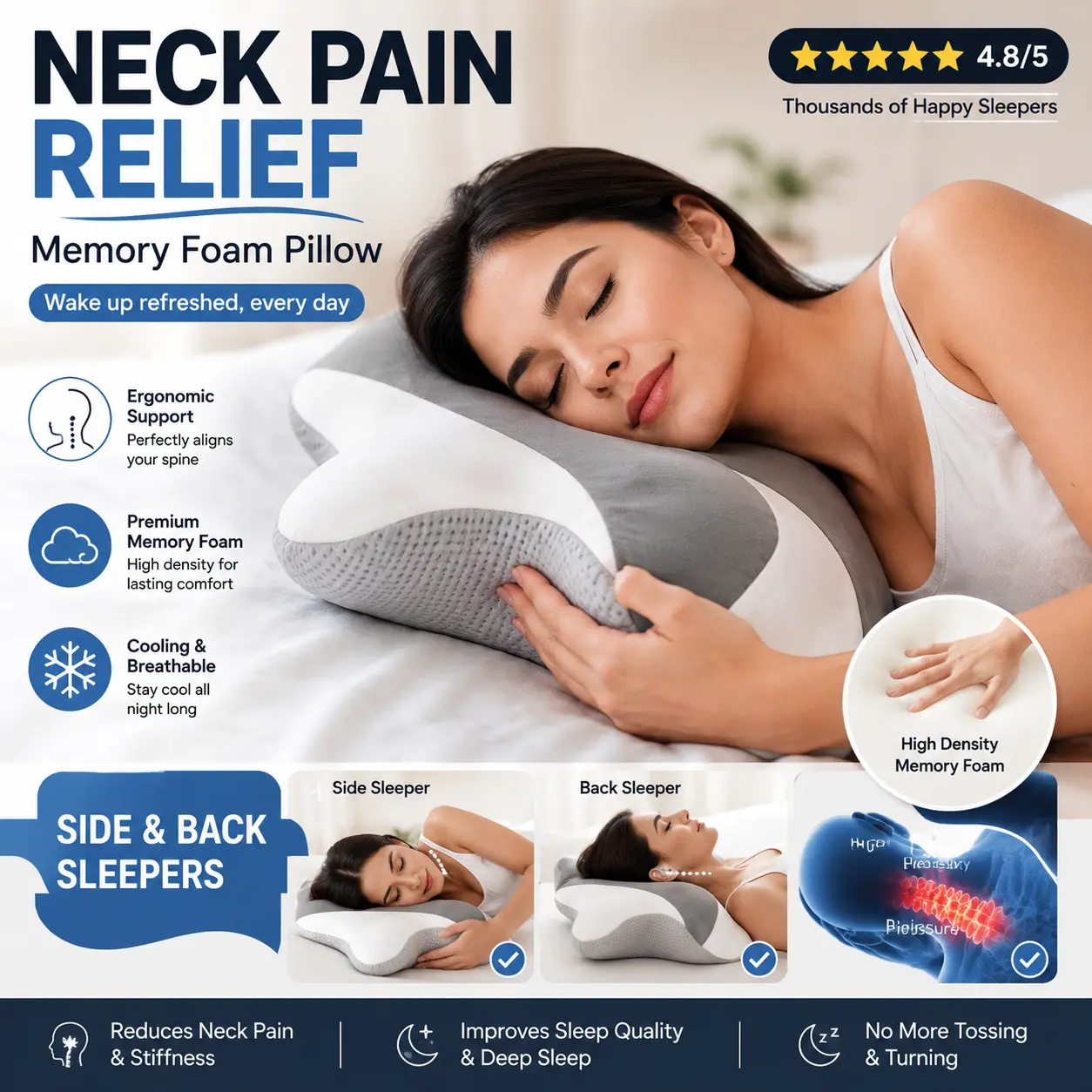 Summerwins Cooling Butterfly Contour Memory Cotton Neck Pillow with Ear Openings, Ergonomic Neck Care, Anti-Bacterial Breathable Skin-Friendly Design, Machine Washable Supportive Bolster for Side Sleepers ergonómica almohada mellow puff gift home soft, Ne