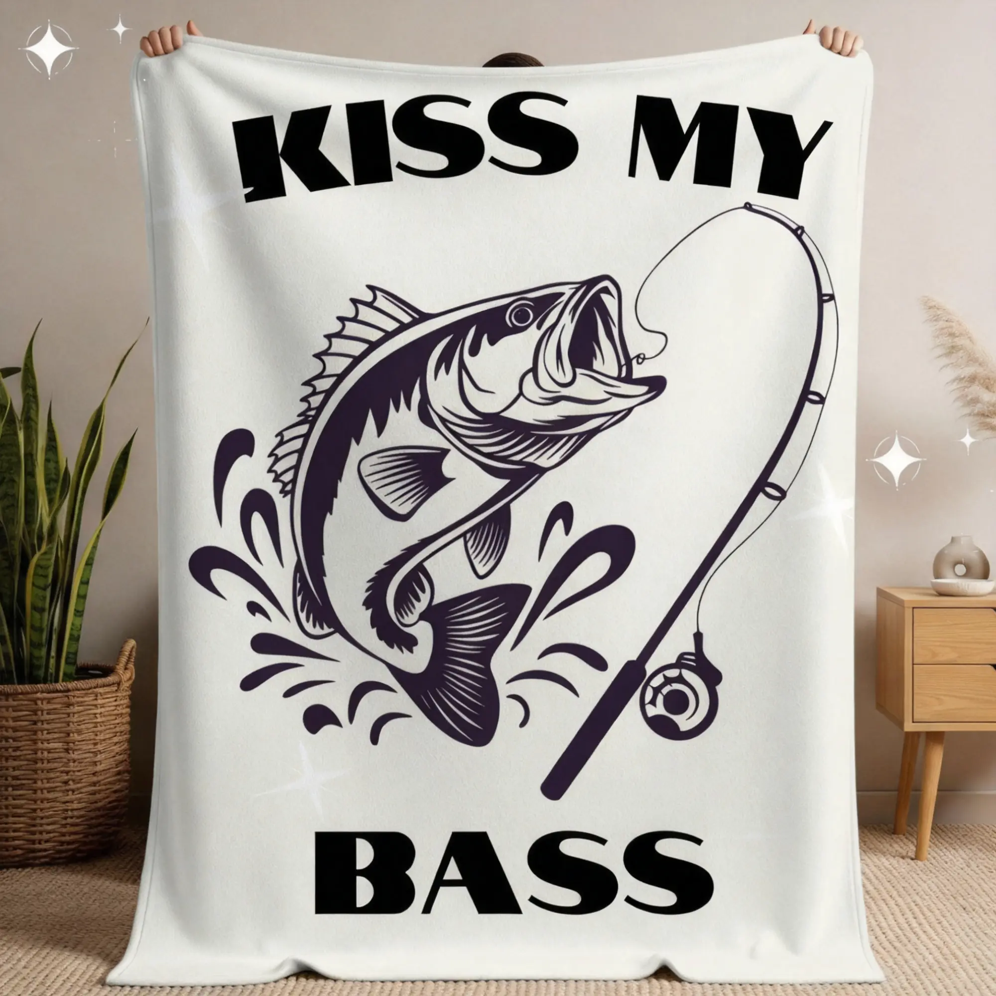 Fishing-Themed Flannel Blanket, Funny "Kiss My Bass" Blanket for Dad - Father's Day Gift Ideas, Sarcastic Birthday Gift for Husband, Fishing-Themed Blankets