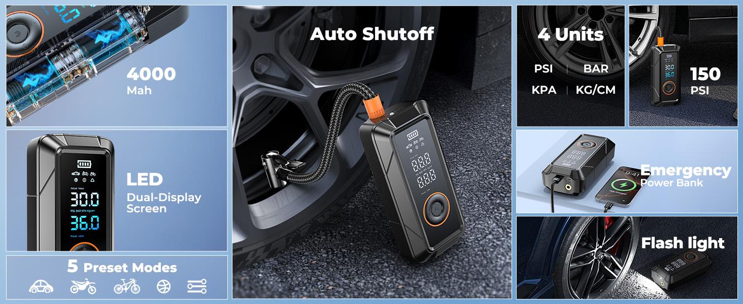 Tire Inflator, & 12V DC Air Inflator for Car Bikes MotorcycleTires Balls with Auto Shut-Off, Pressure Gauge, Compact Emergency Pump