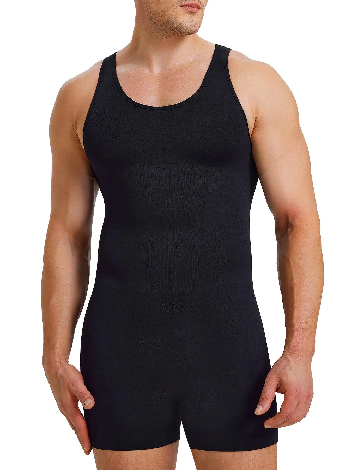 Men's Solid Scoop Neck Open Crotch Shapewear Bodysuit, High Stretch Tummy Control Compression Shapewear Romper, Men's Shapewear for All Seasons, Stretchy Shapewear