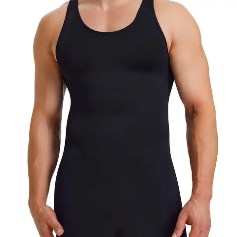 Men's Solid Scoop Neck Open Crotch Shapewear Bodysuit, High Stretch Tummy Control Compression Shapewear Romper, Men's Shapewear for All Seasons, Stretchy Shapewear
