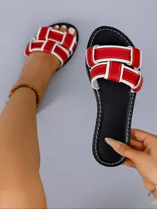 Women's One-Step Flat Sandals, Footwear, Synthetic Fabric, Round Toe Design, Buckle Strap, Rubber Sole, Soft Insole, Casual and Formal Wear