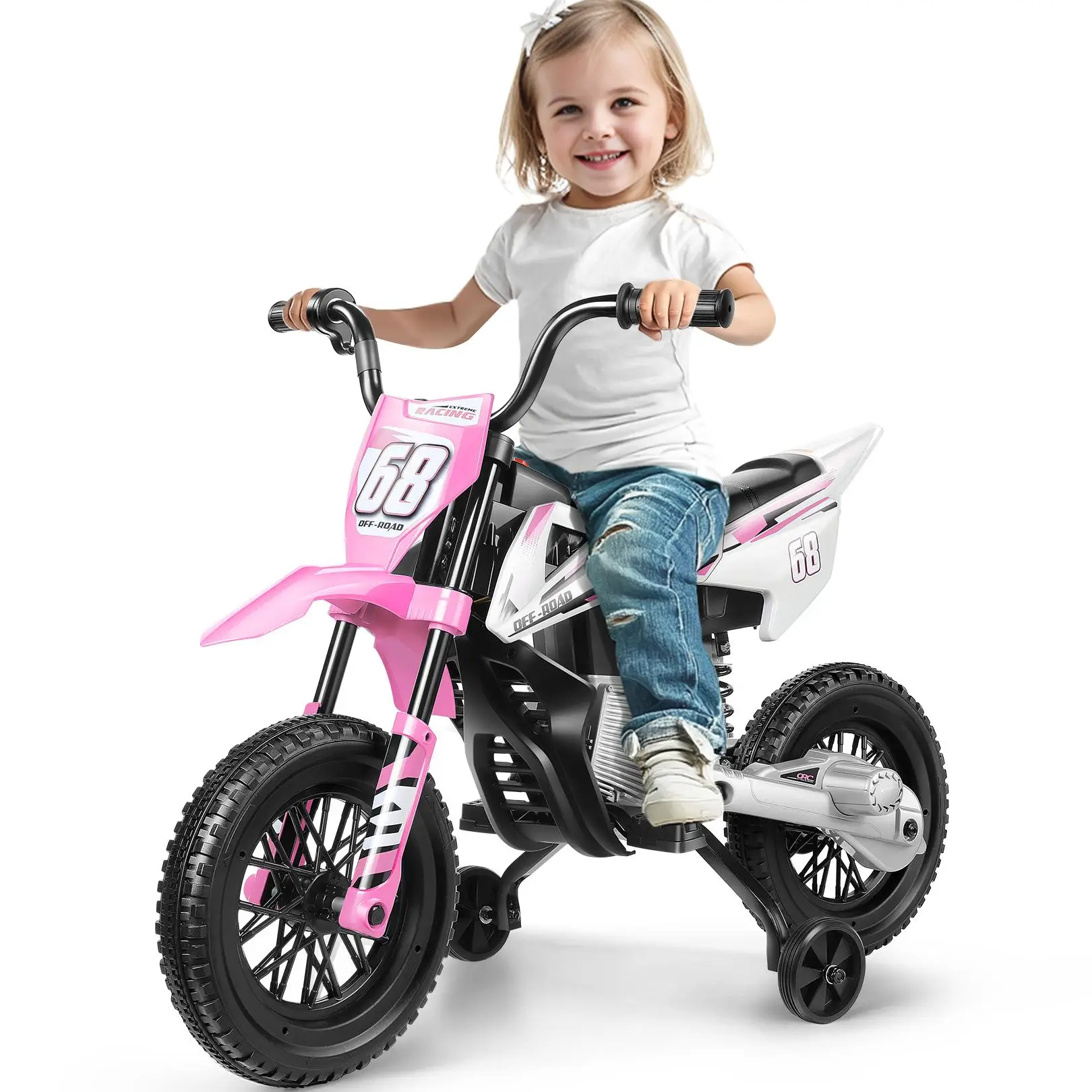 Hikole 12V Battery-Powered Ride-On Dirt Bike for Kids with Spring Shock Absorption Training Wheels, Electric Motorcycle, Durable Design Toddler Tricyc
