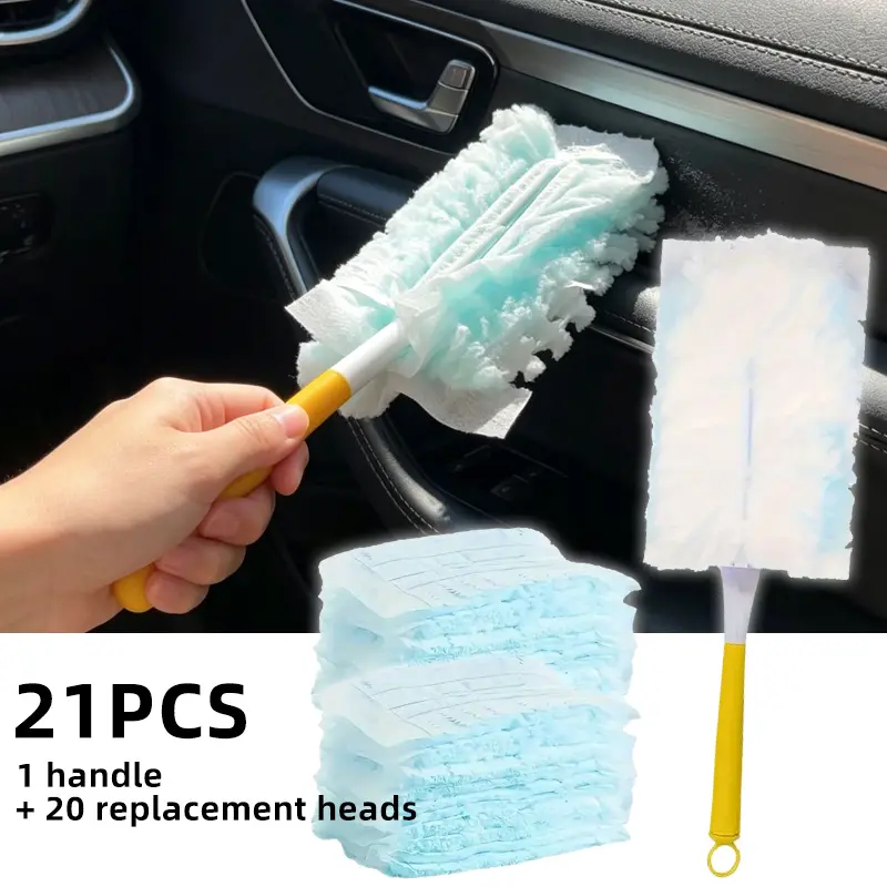 21pcs, 1 Handle+20 Replacement Heads, Disposable Electrostatic Dust Duster, Vehicle Dust Cleaning, Chicken Feather Duster, Household Car Use, Cleaning Household Dust Brush Head Replacement Parts, Used for Laundry, Furniture, Cars, Keyboards