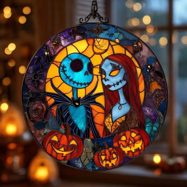 Jack and Sally Stained Glass Suncatcher: Halloween Window Decor