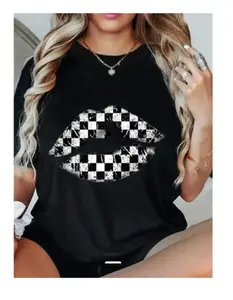 Cotton Short Sleeve Graphic Tee Black And White Checkered Lips Print Casual Summer Top Crew Neck Soft Breathable Streetwear Outfit for Men Women