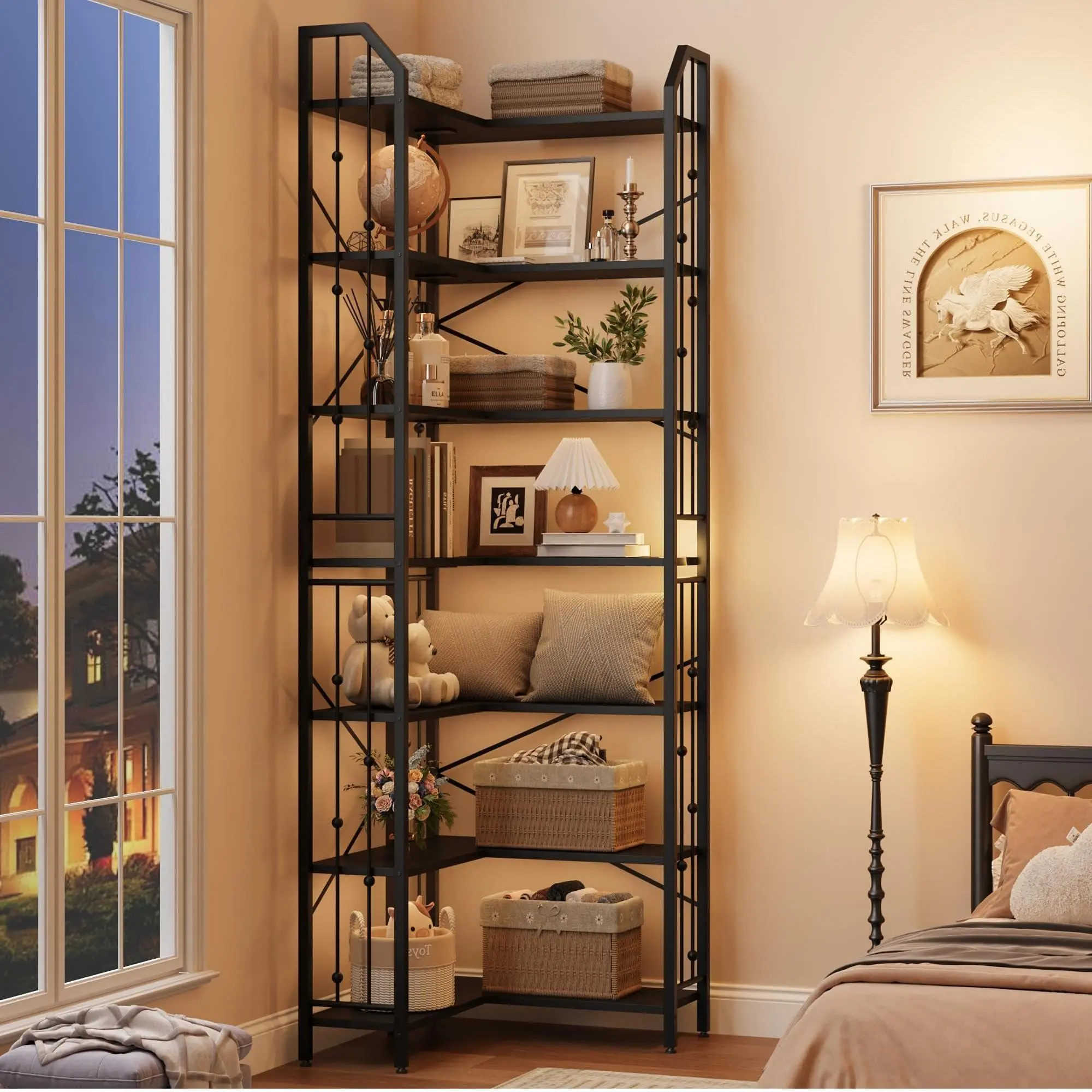 Garvee Black Industrial Metal Frame Corner Bookshelf, 86 in Tall 7-Tier L-Shaped Bookcase with Beaded Open Shelves - Books Storage Display Rack for Living Room, Home Office, Beaded Shelves