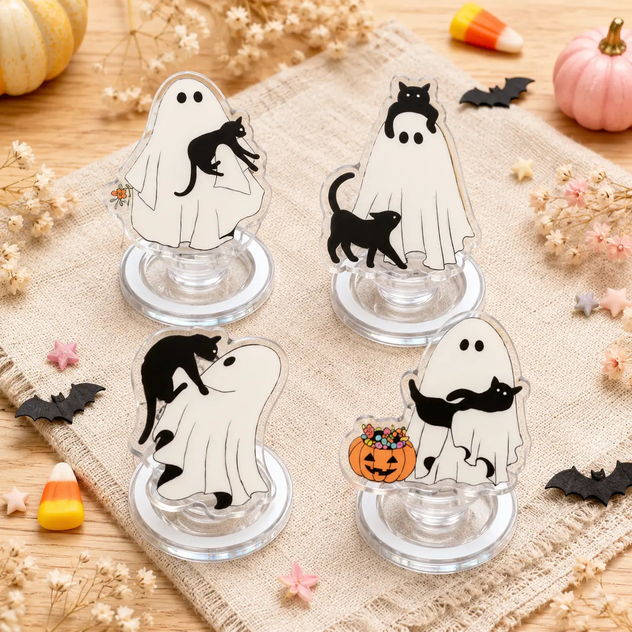Aesthetic 2D Acrylic Cute Ghost And Black Cat Pop Socket Phone Grip, Spooky Halloween Phone Stand Holder